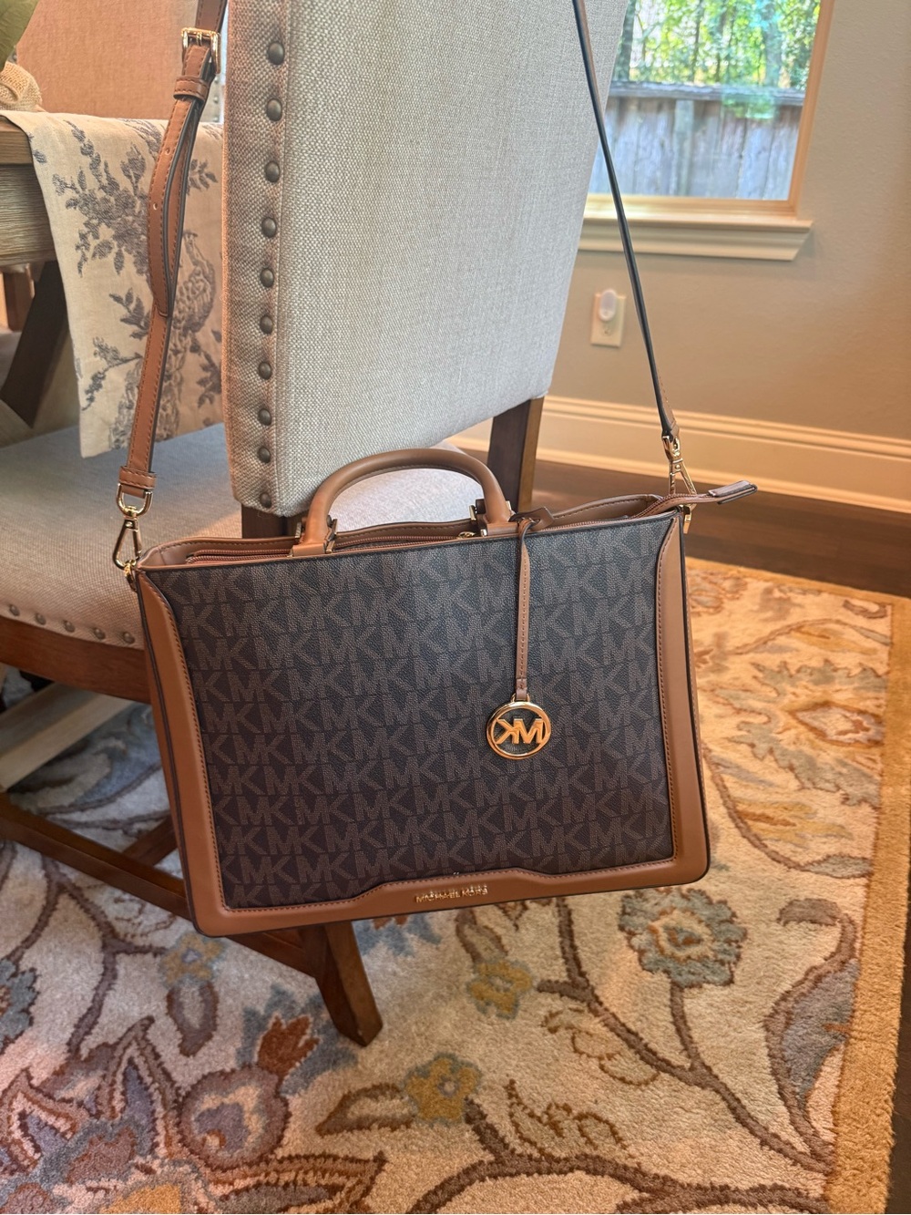 Michael Kors Brown MK Logo Messenger with Tan Trim and Gold Hardware